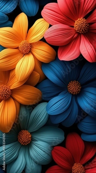 Obraz Colorful flower background wallpaper for mobile phones featuring vibrant daisies with dark blue and red flowers and yellow red petals against solid black background.
