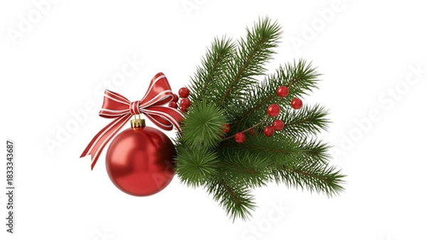 Fototapeta Transparent background red christmas ornament ball with pine branch and berry isolated on white