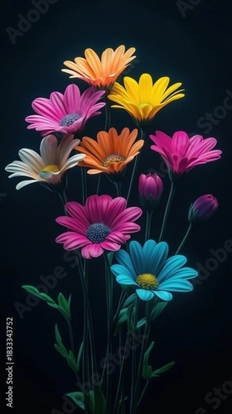 Fototapeta Bouquet of colorful daisies on black background, mobile wallpaper design with vibrant floral arrangement and decorative pattern.