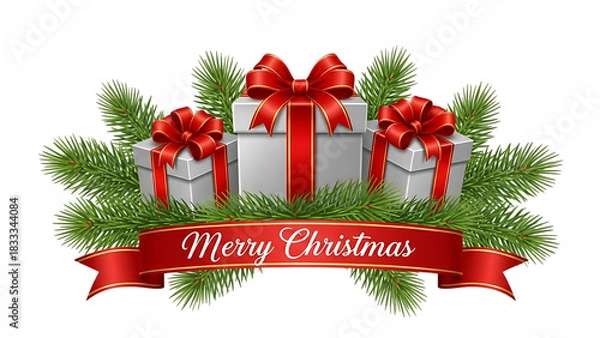 Fototapeta Transparent background three silver christmas gift box with red ribbon and fir branch isolated on transparent background