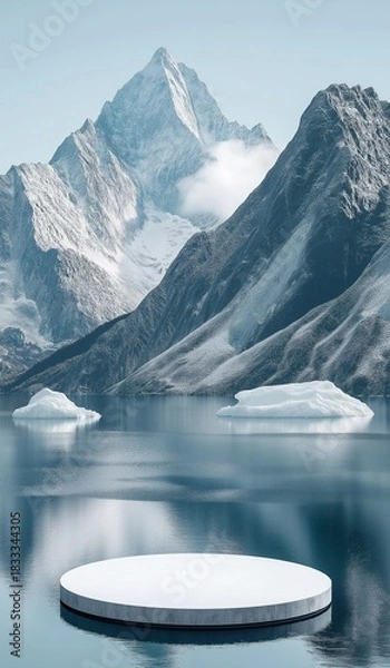 Obraz White circular podium floating in middle of arctic lake with snow capped mountains and icebergs in background, minimalist arctic scene.