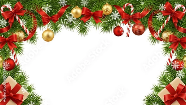 Fototapeta Transparent background christmas fir branch border with ornament and gift isolated on transparent background