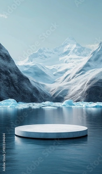Obraz White circular platform stands on water surrounded by snow capped mountains and icebergs in arctic environment with blue tones of light sky blue and dark gray.
