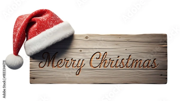 Fototapeta Transparent background merry christmas message on rustic wood plank with santa hat
