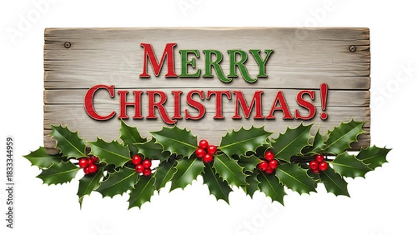 Fototapeta Transparent background merry christmas greeting on rustic wood plank with holly border