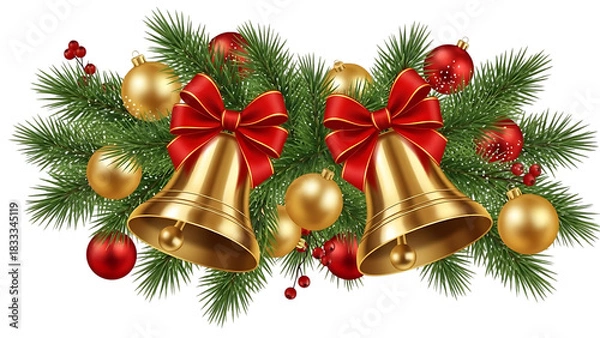 Fototapeta Transparent background two golden christmas bells with red bow on fir branch isolated on transparent background