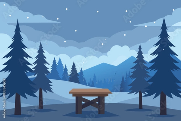Fototapeta Winter landscape with table and pine trees in blue tones