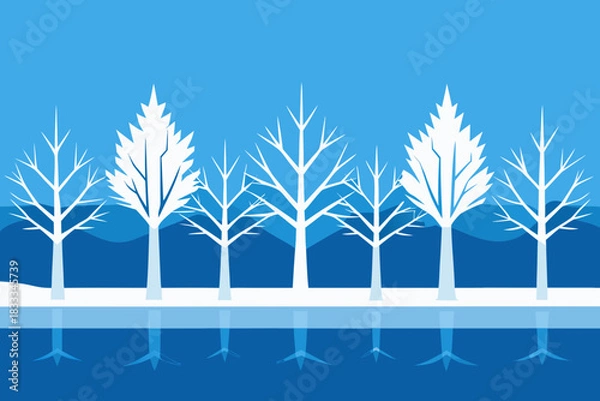 Fototapeta Winter landscape with trees and reflection in blue and white