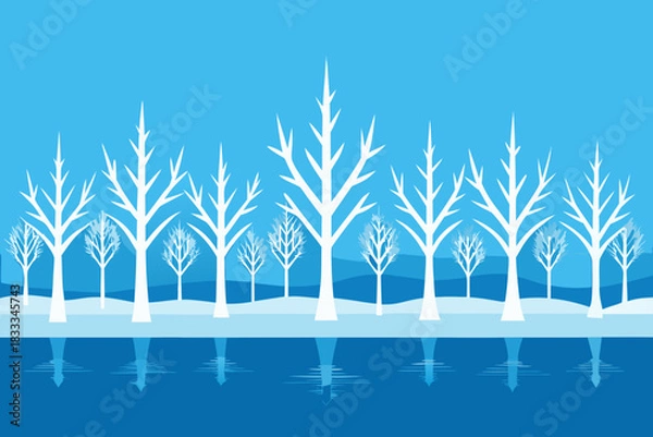 Fototapeta Winter landscape with bare trees and reflections on water surface illustration