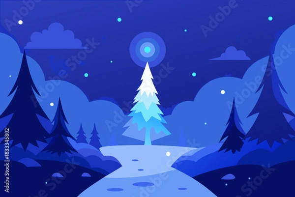 Fototapeta Stylized winter landscape with pine trees and snowy path at night