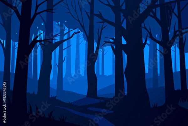 Fototapeta Blue forest illustration with path and trees in silhouette