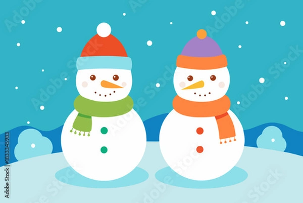 Fototapeta Two cheerful snowmen with hats and scarves in a winter scene