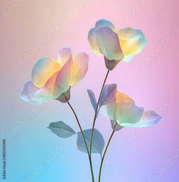 Obraz Bouquet of flowers made from holographic material in pastel colors against gradient background with delicate petals and translucent leaves giving ethereal glow.