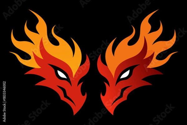 Fototapeta Fiery dragon heads facing each other on a black background