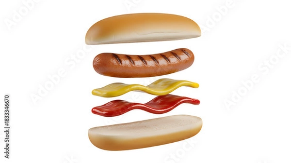 Obraz Exploded view of a hot dog with bun, sausage, ketchup, and mustard, isolated on transparent background