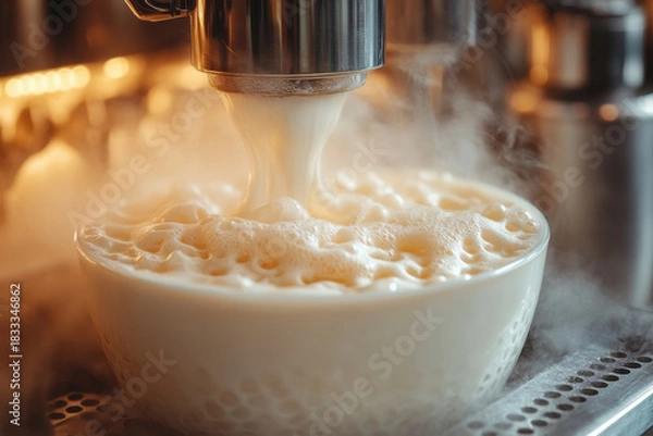 Obraz Coffee machine pours milk into cup.