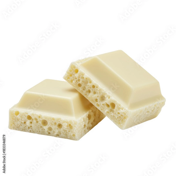 Fototapeta Two gourmet white chocolate squares, smooth reflective tops, craggy broken edges, creamy ivory hue, isolated on transparent studio background with copy space, concept of gourmet confectionery