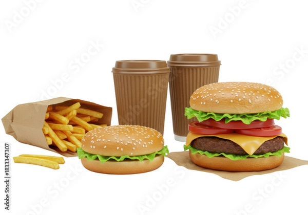 Fototapeta Golden crispy fries in brown bag, two burgers, two paper cups arranged on white studio background with copy space, soft lighting. Concept of fast food takeaway