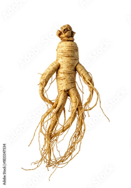 Fototapeta Ancient, gnarled, light brown ginseng root, human-like, delicate secondary roots, centered on transparent background with copy space, macro, shadowless, concept of traditional herbal medicine