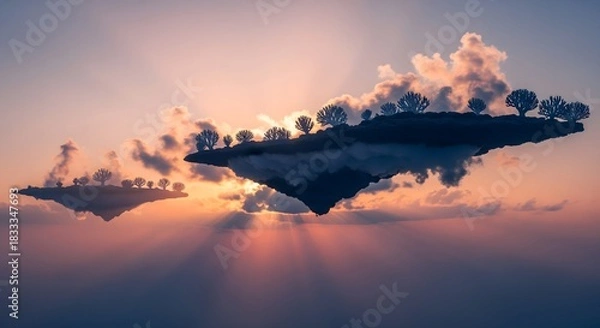 Fototapeta Magical floating islands at sunset inspire otherworldly travel adventures and fantasy book covers, creating a sense of wonder and escapism