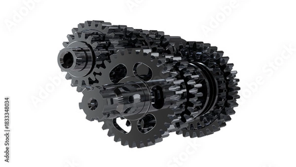 Fototapeta Compact assembly of interlocking dark gears in multi-stage configuration. Dense mechanical layout emphasizes torque modulation, transmission logic, and industrial engineering precision.