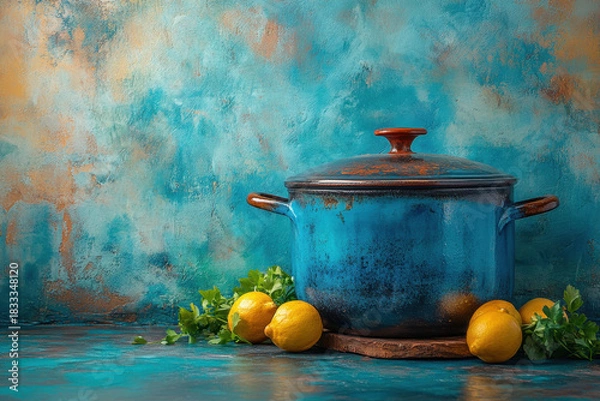 Obraz A pot with lemons and a single lemon on a table.