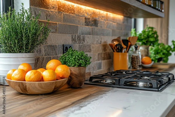 Obraz Bowl of oranges on a kitchen counter.