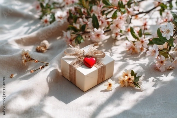 Fototapeta Gift box wrapped with ribbon and heart decoration among blooming flowers on soft fabric in a serene setting. Concept of Saint Valentine Day and 8 Mart celebration.