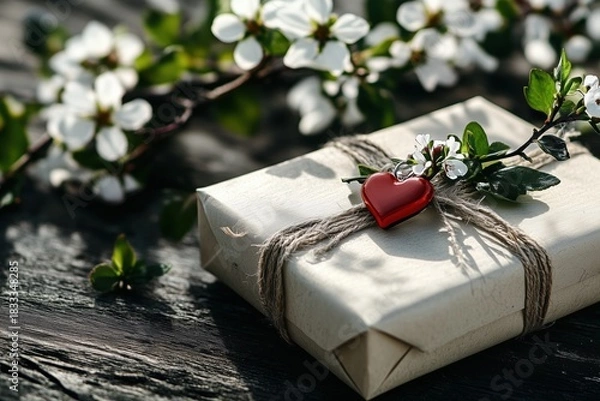 Fototapeta Gift wrapped in simple brown paper with a red heart charm and spring blossoms on a wooden table. Concept of Saint Valentine Day and 8 Mart celebration.