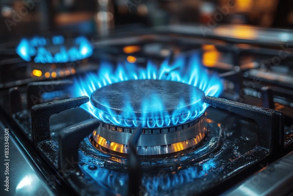 Obraz Blue flames dance on a gas stove.