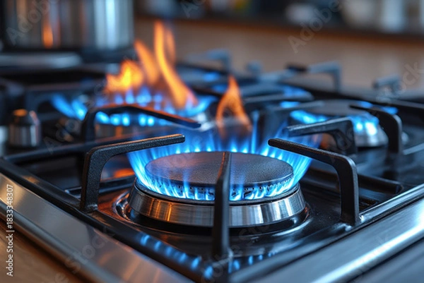 Obraz Blue flames flicker on a gas stove.