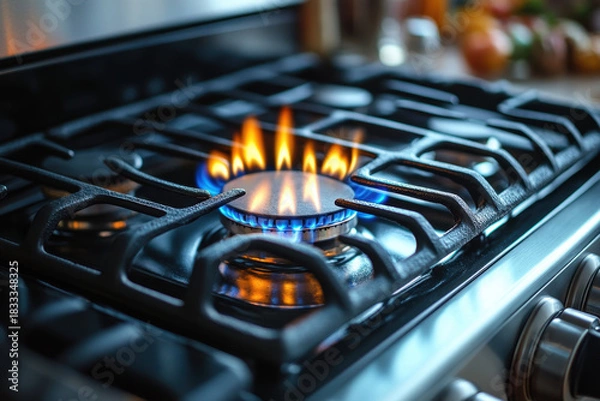 Obraz Blue flames dance on a gas stove.