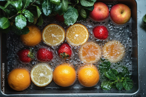 Obraz Tray of fruit and water on table.