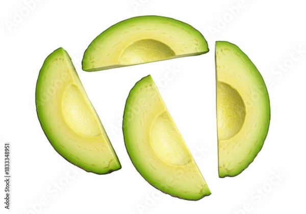 Fototapeta Multiple fresh, ripe green avocado slices, expertly peeled, fanned-out, revealing creamy light green flesh on a transparent background. Concept of healthy eating