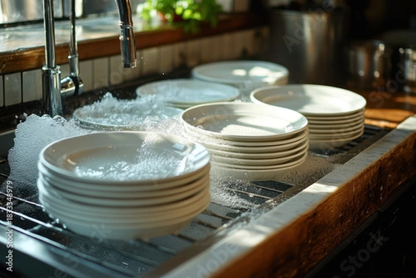 Obraz White plates arranged in a neat stack.