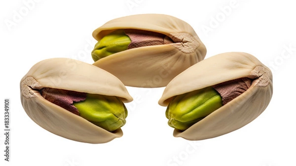 Obraz Three vibrant green pistachios, partially shelled, showcasing their rich color and healthy appeal, neatly arranged and isolated on a transparent background