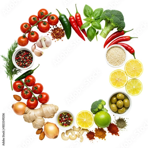 Fototapeta Vibrant fresh culinary ingredients, herbs, spices, arranged in a circular border on a white studio background with copy space. Healthy culinary inspiration concept