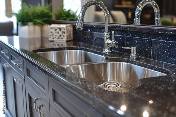 Obraz Running faucet over cluttered kitchen sink.