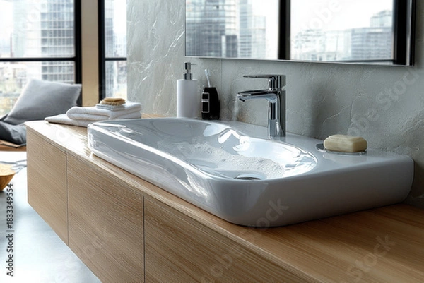 Obraz A bathroom sink with a mirror reflecting a window.