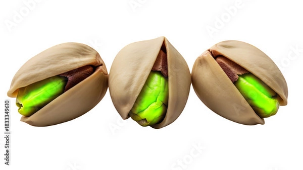 Obraz Three green pistachios in their shells isolated on a transparent background, a healthy and delicious snack