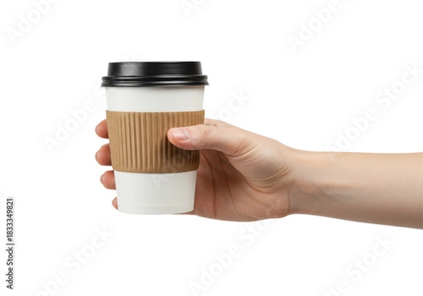 Fototapeta Fair-skinned hand with short manicured nails gently holds a white disposable coffee cup with a textured brown sleeve and matte black lid on a transparent studio background, concept of modern