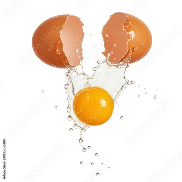 Fototapeta Cracked brown egg, vibrant orange yolk, translucent white splashing, suspended shells, on transparent background with copy space, high-speed macro. Concept of food vitality