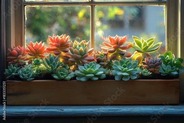 Obraz Window sill with succulents in it.