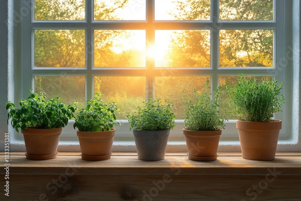 Obraz Herbs in pots on a windowsill.