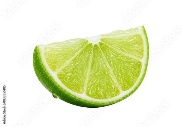 Fototapeta Extreme close-up macro shot of a fresh green lime wedge with translucent juicy pulp and water drops, against a bright white background, concept of invigorating freshness and natural quality