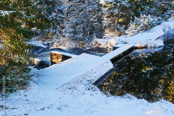 Fototapeta The outlet of the river Lenaelva at the lake Lønsjøen of the Totenåsen Hills, Norway, November 2025.