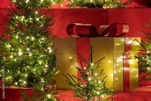 Fototapeta A large golden gift box with a red ribbon sits among small decorated Christmas trees with glowing fairy lights