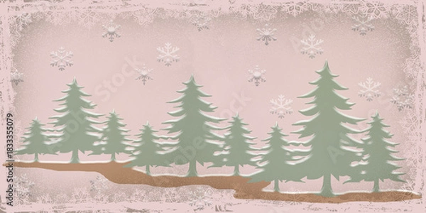 Fototapeta powder pink background with pine tree and snowflake pattern. Christmas themed pattern