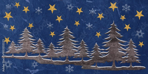 Fototapeta dark blue marble textured pine tree pattern background. Christmas themed design