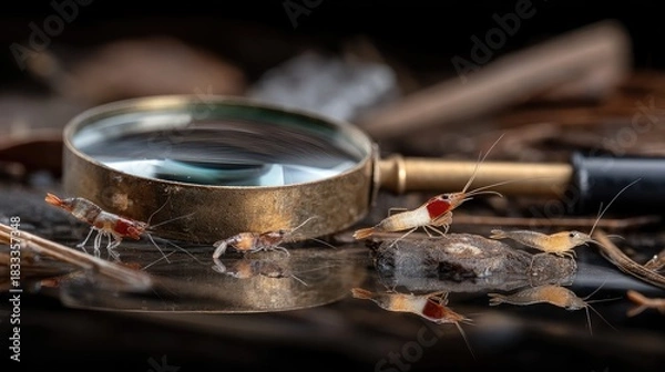 Fototapeta Magnified view of moldy fish on ice revealing colorful microorganisms and micro mites, showcasing intricate details